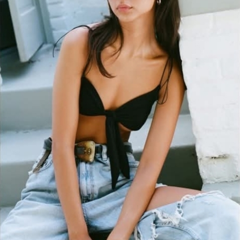 Joah Brown Front Tie Corded Crop Top /  Bra Bralette W Bow Shoulder Ties - Picture 5 of 11